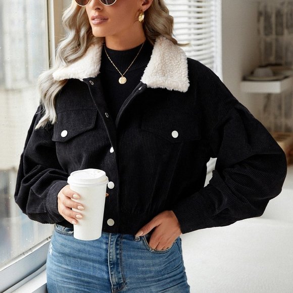. Jackets & Blazers - Black Casual Womens Borg Collar Drop Shoulder Corduroy Jacket